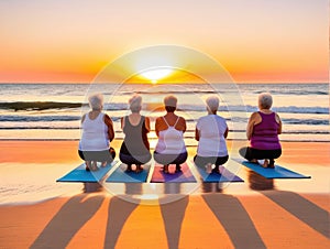Five women practicing yoga at sunrise