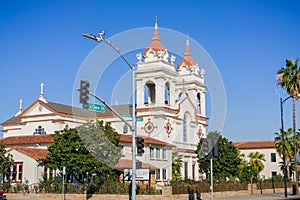 Five Wounds Portuguese National Church, the Portuguese parish in San Jose, California; blue sky background