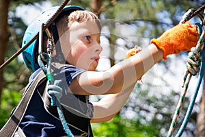 Five year boy on rope-way in forest