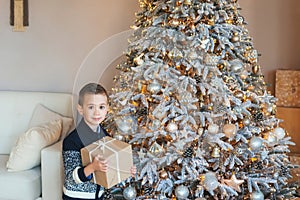 A five-year-old Caucasian boy posing at a Christmas tree with a gift box in his hands. The kid looks at the camera