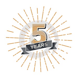 Five years anniversary retro vector emblem isolated template. Vintage logo fifth 5th years with ribbon and fireworks on white