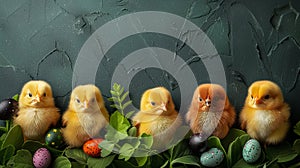 Five yellow chicks and colorful easter eggs
