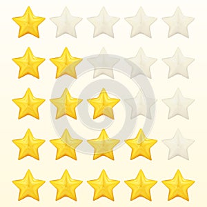 Five yellow stars glossy colors. Achievements for games. Customer rating feedback concept from client about employee of website.