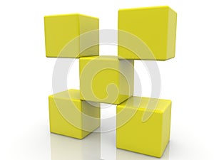 Five yellow toy cubes