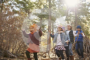 Five young children playing together in a forest, low angle view