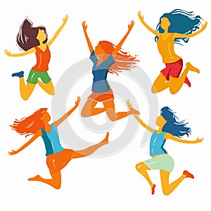 Five young women joyfully leaping into air, exuding freedom happiness. Diverse hair colors, lively photo