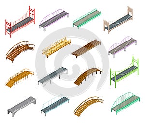 Fixed Bridges Made of Wood or Metal with Beam and Arch Bridge Isometric Big Vector Set