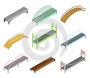 Fixed Bridges Made of Wood or Metal with Beam and Arch Bridge Isometric Vector Set