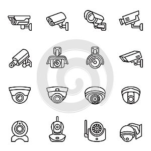 Fixed CCTV, Video surveillance, Security Camera icon set with white background.