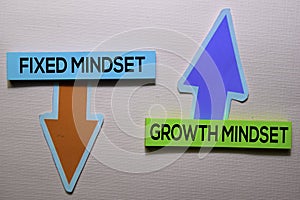 Fixed Mindset and Growth Mindset text on sticky notes isolated on office desk