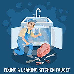 Fixing Leaking Kitchen Faucet. Vector Illustration