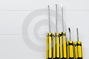Fixing tools set for home repairing or construction on White woo