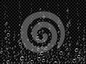 Fizzing air bubbles on black background. Underwater oxygen texture of water or drink. Fizzy bubbles in soda water