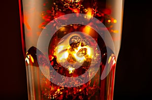 Fizzy Cola with ice cubes background. Coke drink with Ice, bubbles un a glass glass. Soda closeup over black background