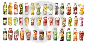 Fizzy soda drinks in different bottles cans and glasses, craft or industrial refreshing drink fruit juice lemon sugar