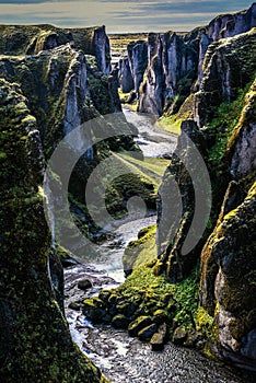 Fjaorargljufur canyon in south Iceland, picturesque mountains an