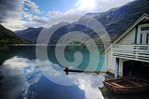 Fjord and boat house.Norway.