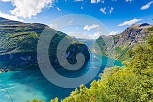 Fjord Geirangerfjord with boats, Norway