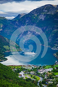 Fjord Geirangerfjord with cruise ship, Norway