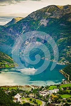 Fjord Geirangerfjord with cruise ship, Norway