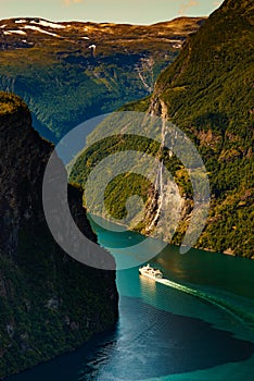 Fjord Geirangerfjord with cruise ship, Norway