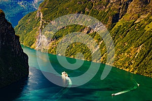 Fjord Geirangerfjord with cruise ship, Norway