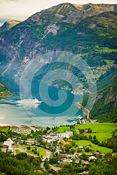 Fjord Geirangerfjord with cruise ship, Norway