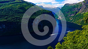 Fjord Geirangerfjord with ferry boat, Norway