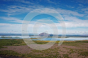 Fjord landscape in Iceland and mountains peninsula in summer, aerial pull out