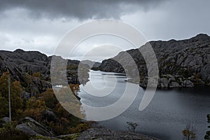 Fjord with Landscape and Overcast Sky