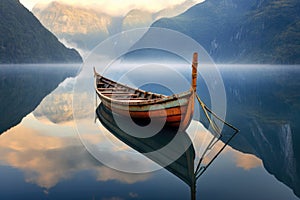 Fjord landscape with wooden boat and reflection in water, Norway