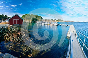 Fjord Marina in Norway with fishing boats laying in a dock