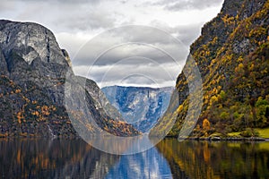 Fjord and Mountains in the autumn season that reflect the water in Norway