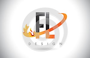 FL F L Letter Logo with Fire Flames Design and Orange Swoosh.
