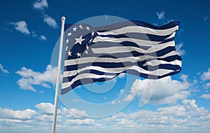 flag of Alleged Mormon 1877, America at cloudy sky background, panoramic view. flag representing extinct country,ethnic group or