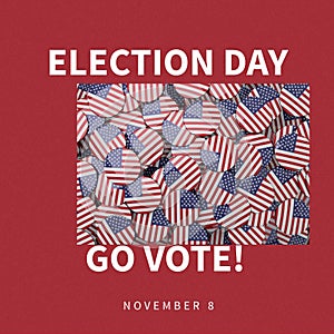 Flag of america badges with election day and go vote text in maroon frame, copy space