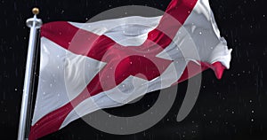 Flag of american state of Alabama United States, with rain in the night. Loop