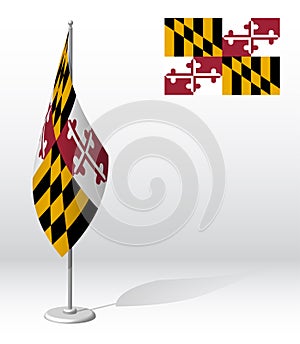 Flag of american state of Maryland on flagpole for registration of solemn event. Day of state of Maryland. Realistic 3D vector on