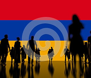 Flag of Armenia and backlit crowd 3d rendering