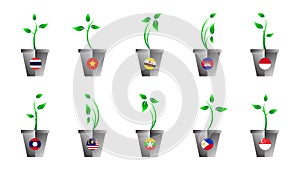 Flag of ASEAN member design growing up as sapling in vase, Southeast Asia flag member