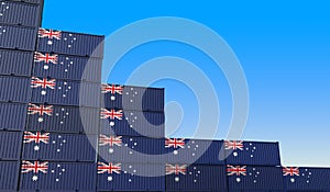 Flag of Australia on containers forming declining trend of graph. National crisis or meltdown related conceptual 3D