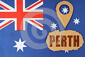 The flag of Australia has a geolocation symbol and a sign with the inscription - Perth