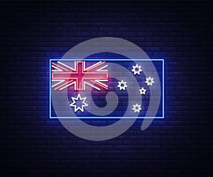 Flag of Australia is a neon sign. Vector Illustrations, Neon Banner, Luminous Billboard, Bright Night Advertising