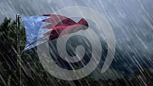 flag of Bahrain with rain and dark clouds, tornado forecast symbol - nature 3D rendering