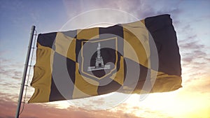 Flag of Baltimore, city of Maryland waving in the wind, sky and sun background. 3d rendering