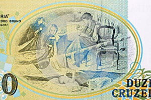 Flag being embroidered by a family from Brazilian money photo