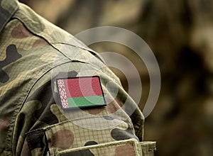 Flag of Belarus on military uniform. Army, troops, soldiers. Collage