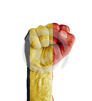 Flag of Belgia painted on human fist like victory symbol