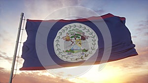 Flag of Belize waving in the wind, sky and sun background