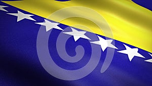 Flag of Bosnia and Herzegovina. Realistic waving flag 3D render illustration with highly detailed fabric texture